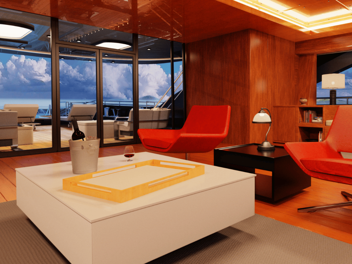 The luxury interior of a boat. Gloss wooden walls, a large white coffee table and red leather modern armchairs.